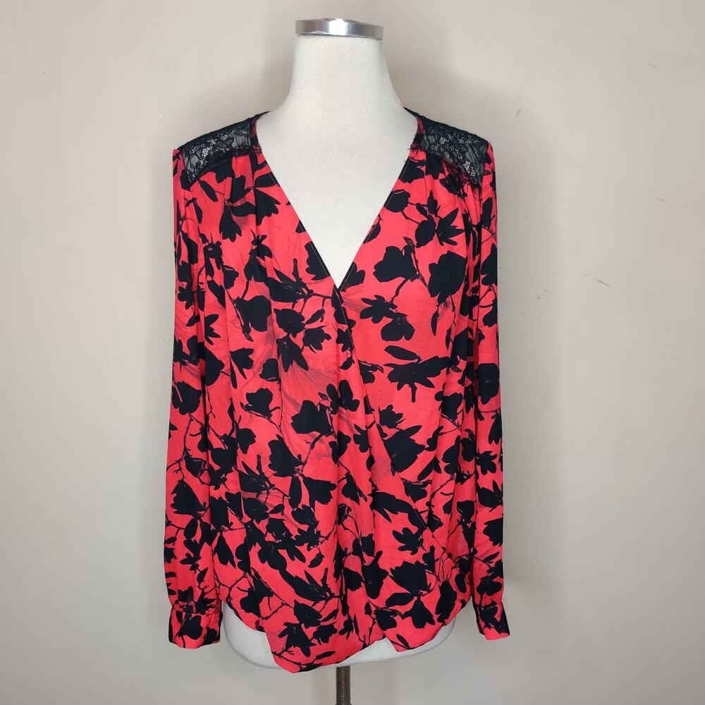 Thalia Sodi Floral Faux Wrap Blouse Lace Shoulder